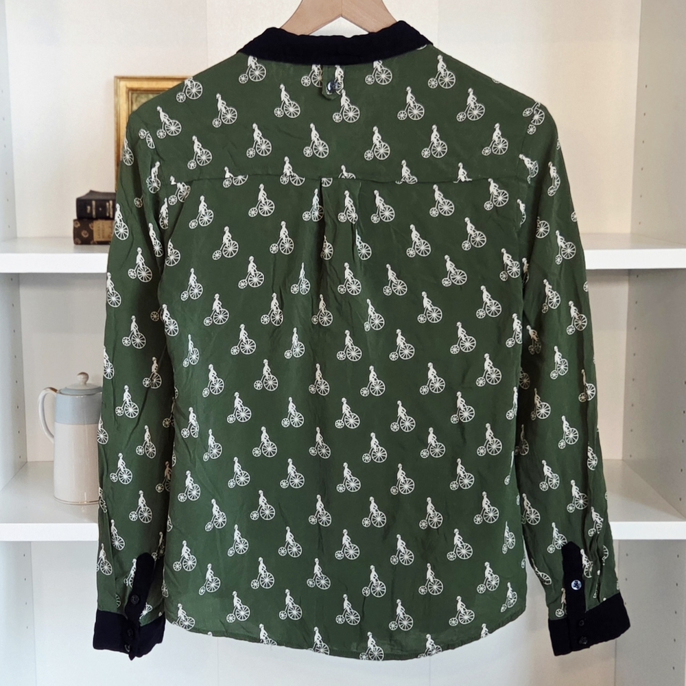 Maeve Anthropologie Green Bicycle Print Button Down Blouse Womens Size 4 - Picture 3 of 5